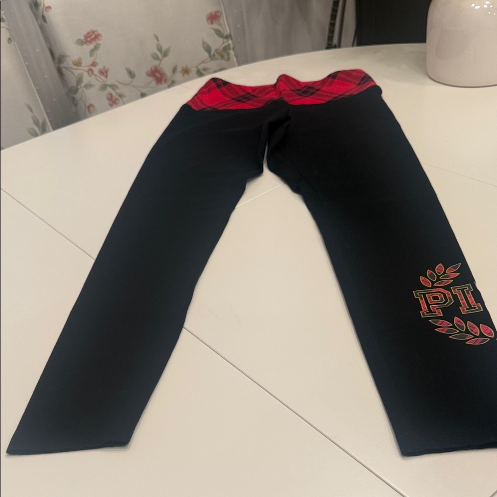 PINK Victoria's Secret Black Leggings with Red Plaid Waist .